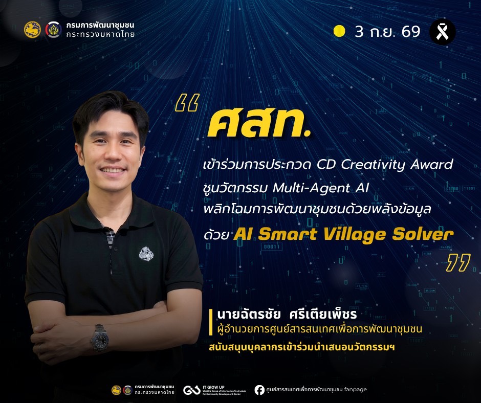 ศูนย์สารสนเทศเพื่อการพัฒนาชุมชน เข้าร่วมการประกวด CD Creativity Award (CDCA) ” ชูนวัตกรรม Multi-Agent AI พลิกโฉมการพัฒนาชุมชนด้วยพลังข้อมูล ด้วย “Smart Village Solver"