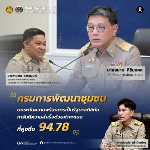 กรมการพัฒนาชุมชน ยกระดับความพร้อมการเป็นรัฐบาลดิจิทัล การันตีความสำเร็จด้วยค่าคะแนน ที่สูงถึง 94.78