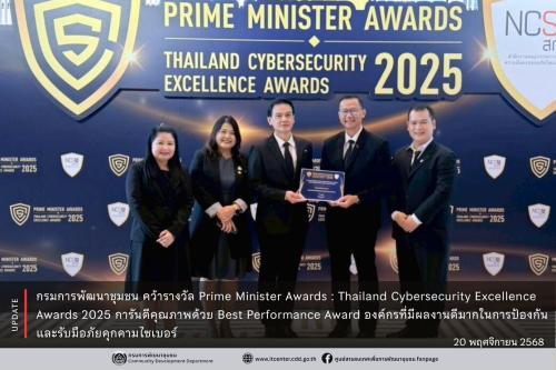 พช. คว้ารางวัล Prime Minister Awards : Thailand Cybersecurity Excellence Awards 2025 การันตีคุณภาพด้วย Best Performance Award องค์กรที่มีผลงานดีมากในการป้องกันและรับมือภัยคุกคามไซเบอร์